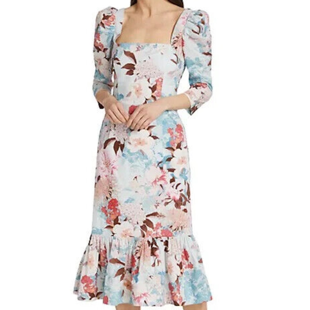 Cara Cara busy Puff-Sleeve Midi-Dress Japanese Floral blue